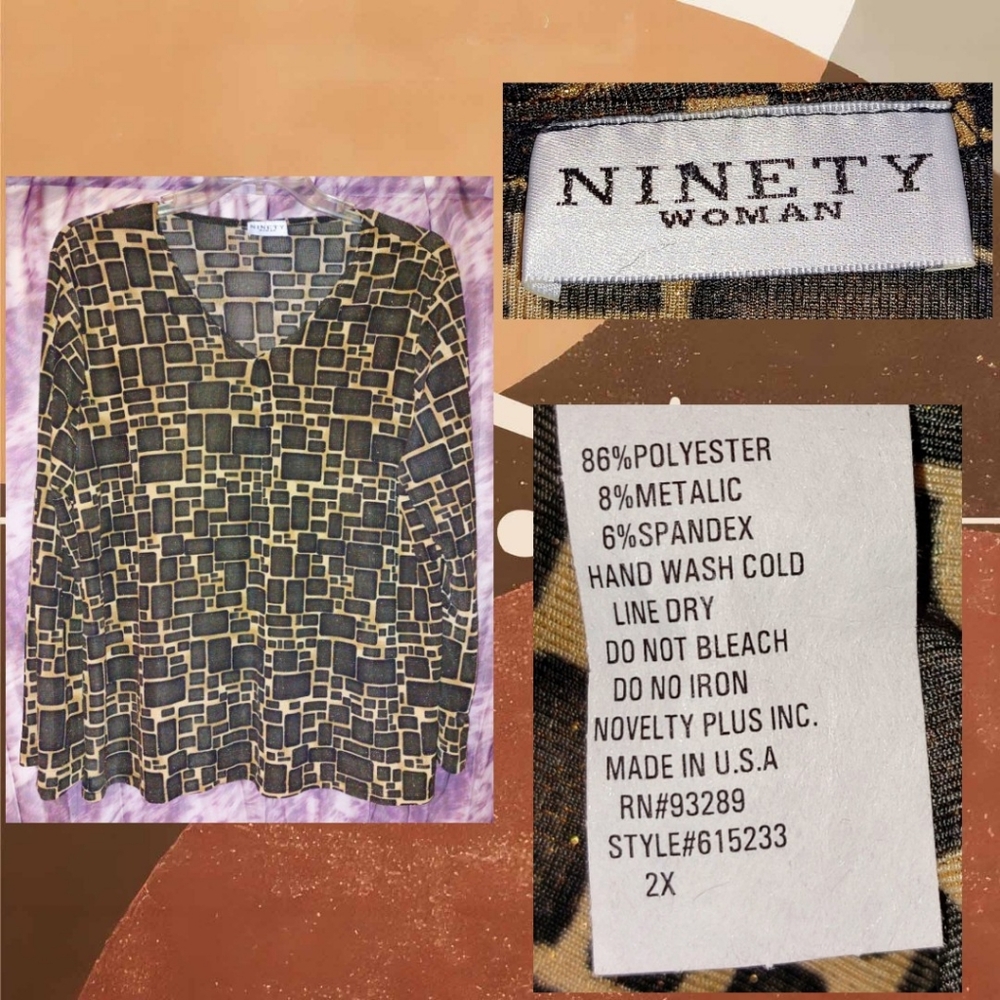 Ninety Woman brand Brown/Tan Shimmery Blocks Print V Neck L/S Knit Top 2X(16/18)